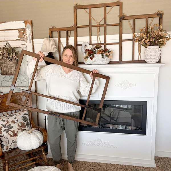 Oversized Dark Wooden Hanging Window Frames, Set of Four